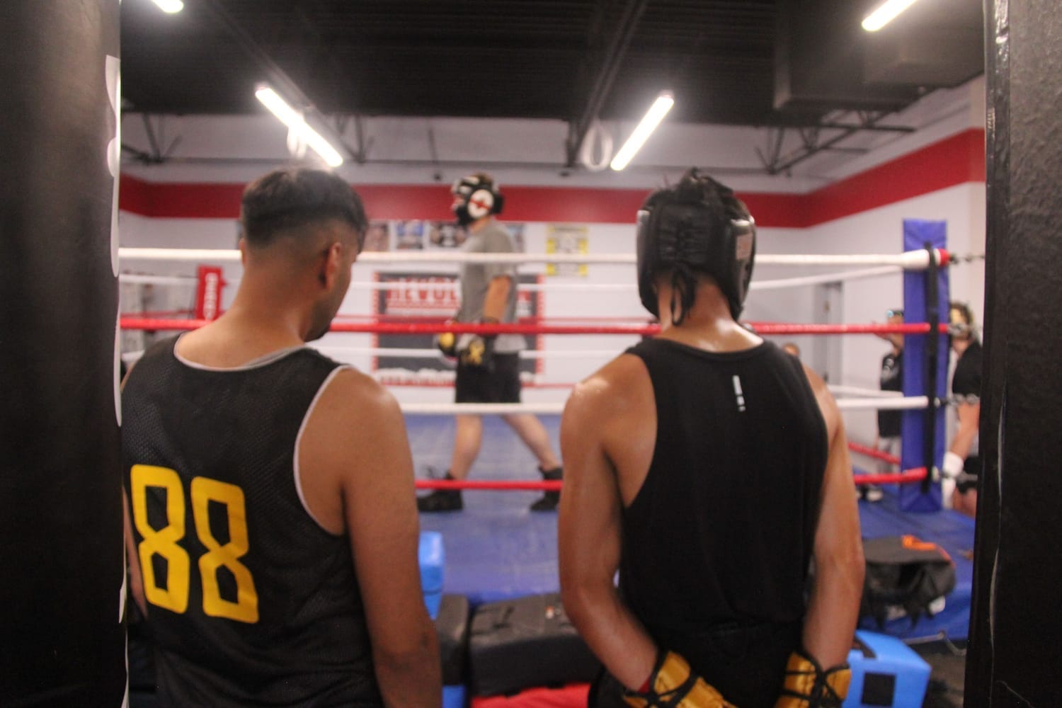 Boxing students training together and learning ring technique